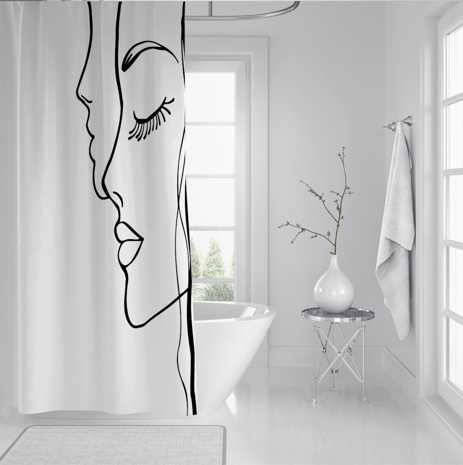 Amazon｜黒と白のシャワーカーテンミニマリストのフェイスライン美しい